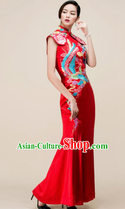 Chinese Traditional Customized Embroidered Phoenix Red Silk Cheongsam National Costume Classical Qipao Dress for Women