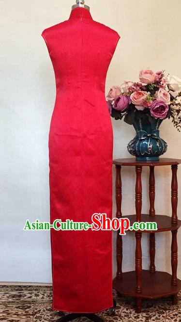 Chinese Traditional Customized Embroidered Phoenix Peony Red Silk Cheongsam National Costume Classical Qipao Dress for Women