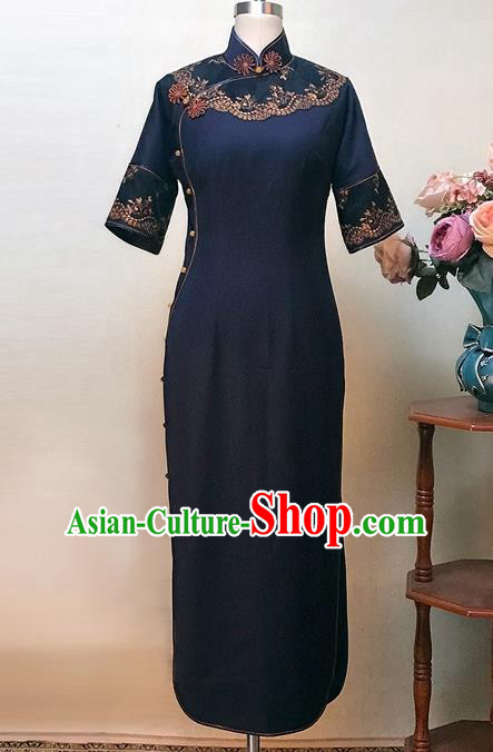 Chinese Traditional Customized Navy Silk Cheongsam National Costume Classical Qipao Dress for Women