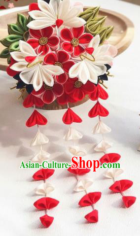 Asian Japan Geisha Red Sakura Tassel Hair Claw Japanese Traditional Hair Accessories for Women