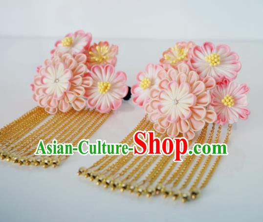 Asian Japan Traditional Geisha Pink Chrysanthemum Tassel Hair Claw Japanese Kimono Hair Accessories for Women