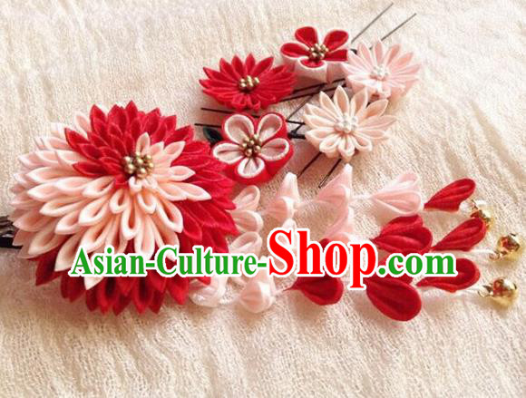 Asian Japan Traditional Geisha Red Chrysanthemum Tassel Hair Claw Japanese Kimono Hair Accessories for Women
