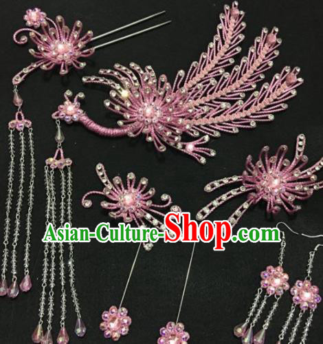 Traditional Chinese Beijing Opera Diva Hair Accessories Pink Phoenix Hairpins Ancient Court Princess Headwear for Women