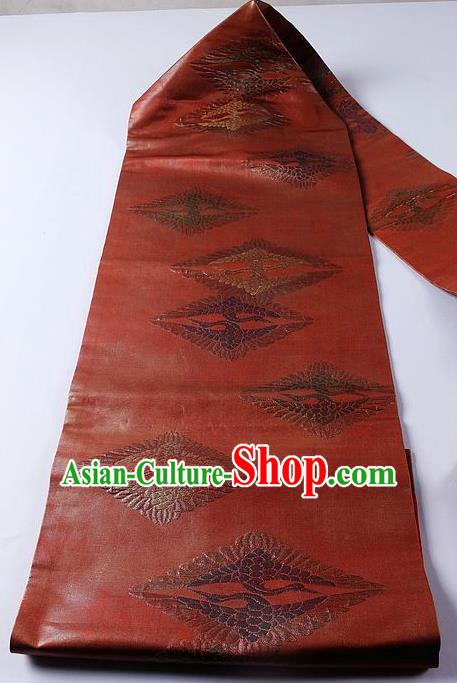 Traditional Japanese Classical Crane Pattern Rust Red Waistband Kimono Brocade Accessories Yukata Belt for Women
