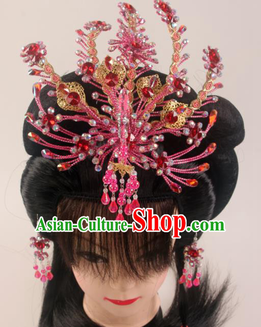 Traditional Chinese Beijing Opera Diva Rosy Phoenix Hairpins Hair Accessories Ancient Court Princess Headwear for Women