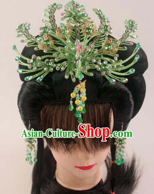 Traditional Chinese Beijing Opera Diva Green Phoenix Hairpins Hair Accessories Ancient Court Princess Headwear for Women