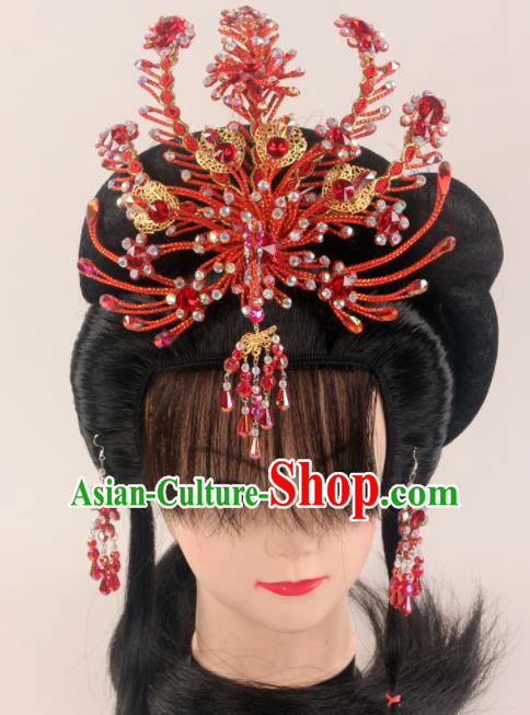 Traditional Chinese Beijing Opera Diva Red Phoenix Hairpins Hair Accessories Ancient Court Princess Headwear for Women