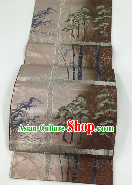 Traditional Japanese Classical Bamboo Pattern Cameo Brown Waistband Kimono Brocade Accessories Yukata Belt for Women