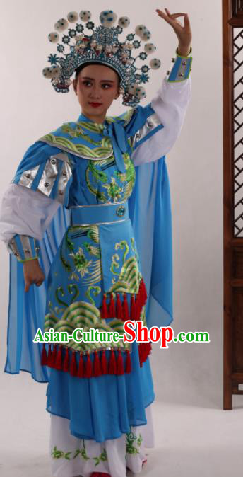 Traditional Chinese Peking Opera Magic Warriors Blue Dress Ancient Female General Mu Guiying Costume for Women