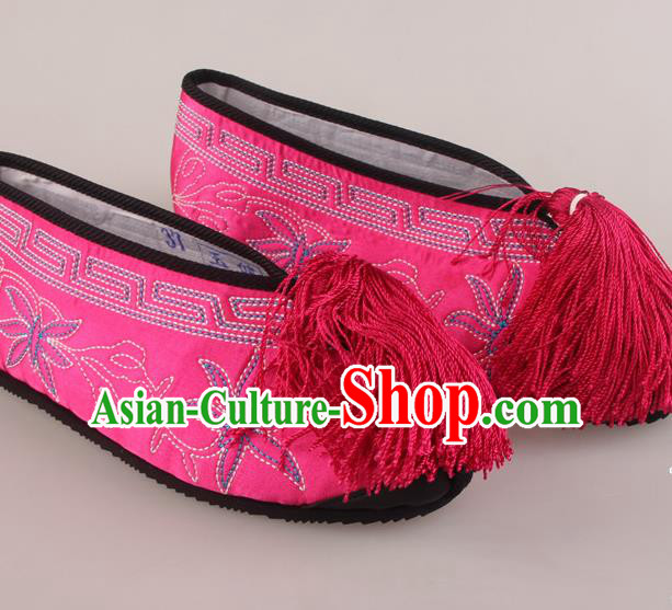Traditional Chinese Beijing Opera Diva Rosy Embroidered Shoes Handmade Ancient Princess Blood Stained Shoes for Women