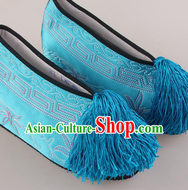 Traditional Chinese Beijing Opera Diva Blue Height Embroidered Shoes Handmade Ancient Princess Blood Stained Shoes for Women