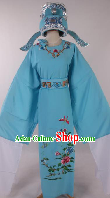 Traditional Chinese Shaoxing Opera Niche Embroidered Peony Blue Robe Ancient Nobility Childe Costume for Men