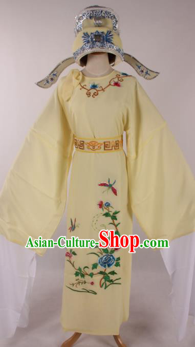 Traditional Chinese Shaoxing Opera Niche Embroidered Peony Light Yellow Robe Ancient Nobility Childe Costume for Men