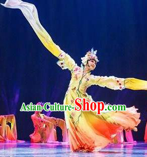 Traditional Chinese Classical Dance Flowers Contend in Beauty Costume Peking Opera Water Sleeve Yellow Dress for Women