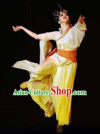Traditional Chinese Classical Dance Luo Shen Costume Stage Show Beautiful Dance Yellow Dress for Women