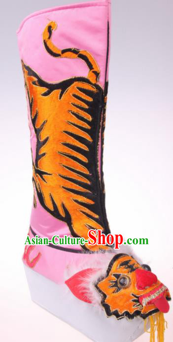 Traditional Chinese Beijing Opera Takefu Pink Boots Handmade Ancient General Tiger Shoes for Men