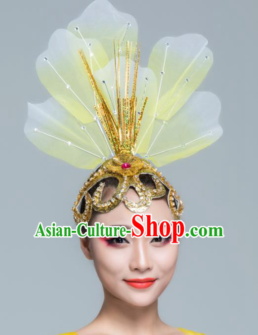 Traditional Chinese Folk Dance Yellow Silk Hair Clasp Fan Dance Yanko Dance Headwear for Women