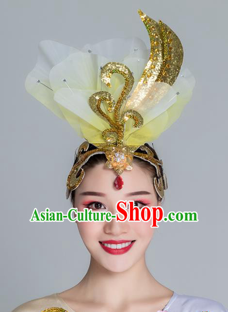 Traditional Chinese Folk Dance Yellow Silk Flower Hair Clasp Fan Dance Yanko Dance Headwear for Women