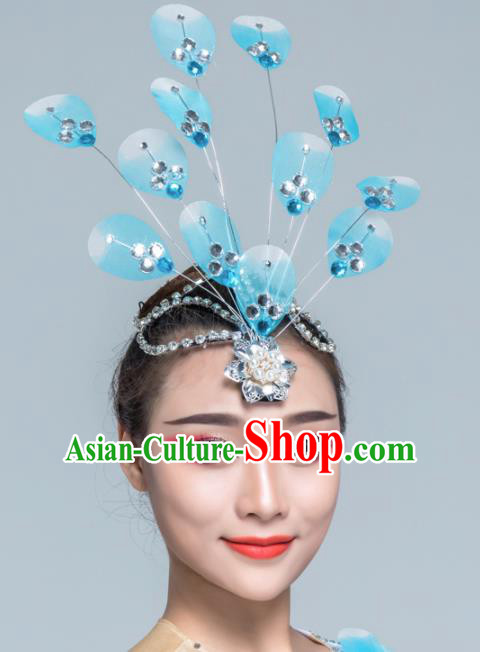Traditional Chinese Yangko Dance Blue Silk Hair Claw Folk Dance Fan Dance Headwear for Women