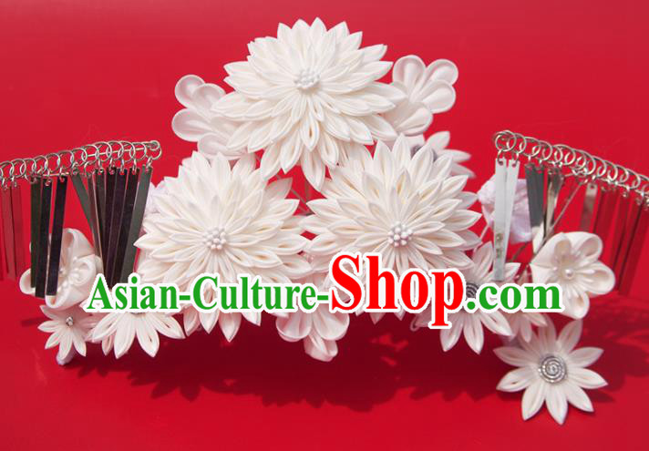 Japanese Geisha Kimono White Chrysanthemum Hair Crown Hairpins Traditional Yamato Hair Accessories for Women
