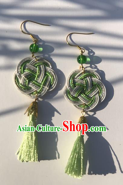 Japanese Ancient Green Tassel Thread Ear Accessories Traditional Kimono Earrings for Women