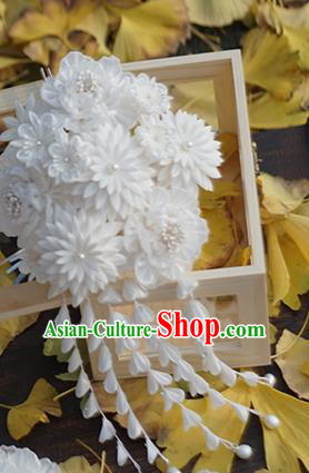 Japanese Geisha Kimono White Chrysanthemum Tassel Hairpins Traditional Yamato Hair Accessories for Women