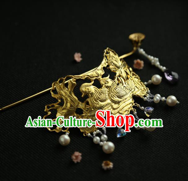 Chinese Ancient Princess Golden Mandarin Duck Tassel Hair Crown Hairpins Traditional Hanfu Hair Clip Hair Accessories for Women