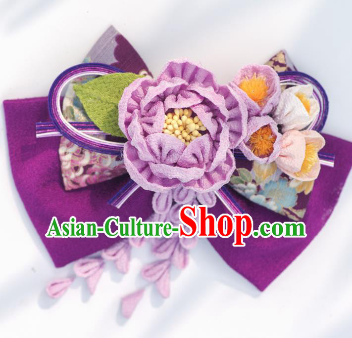 Japanese Geisha Kimono Purple Camellia Bowknot Hair Claw Hairpins Traditional Yamato Hair Accessories for Women