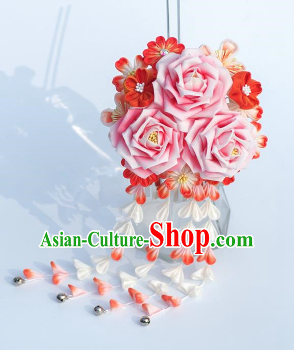 Japanese Geisha Kimono Pink Roses Tassel Hairpins Traditional Yamato Hair Accessories for Women