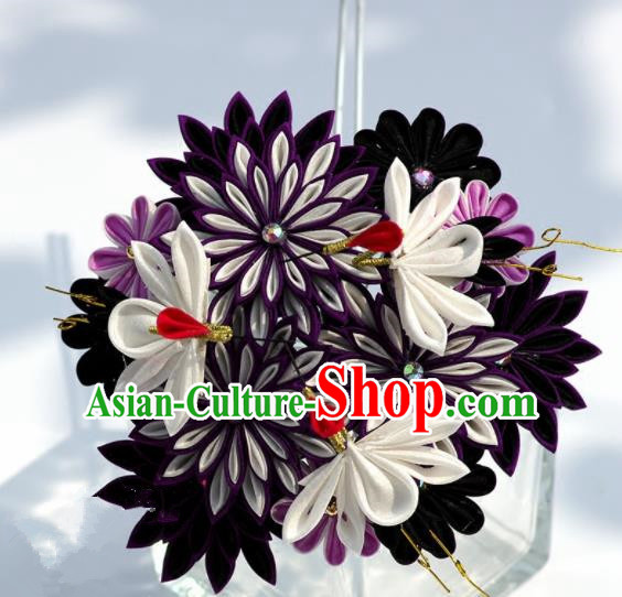 Japanese Geisha Kimono Purple Chrysanthemum Crane Hairpins Traditional Yamato Hair Accessories for Women