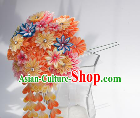 Japanese Geisha Kimono Orange Chrysanthemum Tassel Hairpins Traditional Yamato Hair Accessories for Women