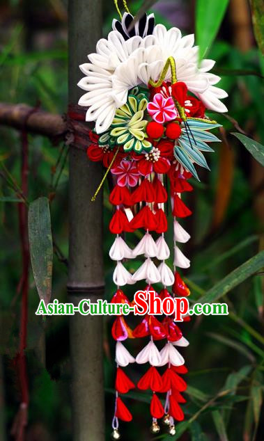 Japanese Geisha Kimono White Crane Tassel Hairpins Traditional Yamato Hair Accessories for Women