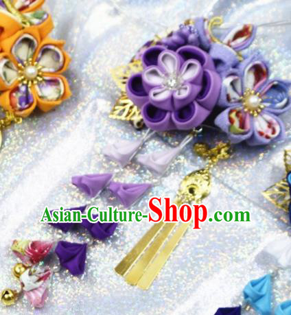 Japanese Geisha Kimono Purple Sakura Bells Tassel Hair Claw Hairpins Traditional Yamato Hair Accessories for Women