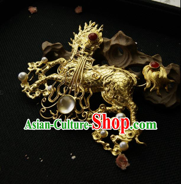 Chinese Ancient Ming Dynasty Golden Kylin Hairpins Hair Clip Traditional Hanfu Hair Accessories for Women