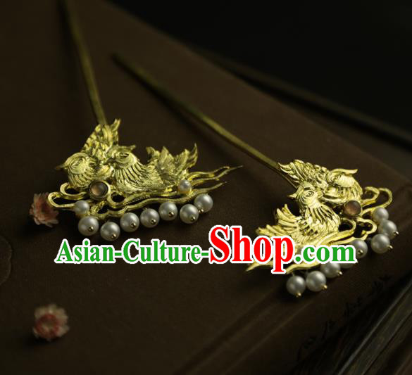 Chinese Ancient Queen Golden Mandarin Duck Hairpins Traditional Hanfu Hair Clip Hair Accessories for Women