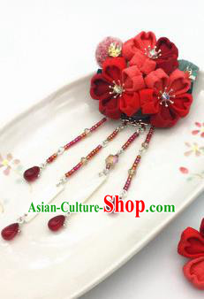 Japanese Geisha Oiran Kimono Red Sakura Tassel Hair Stick Hairpins Traditional Yamato Hair Accessories for Women