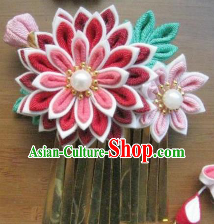 Japanese Geisha Courtesan Pink Chrysanthemum Hair Claw Hairpins Traditional Yamato Kimono Hair Accessories for Women