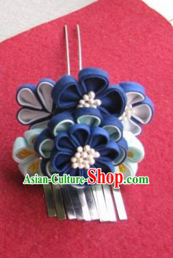 Japanese Geisha Courtesan Navy Flowers Hairpin Traditional Yamato Kimono Hair Accessories for Women