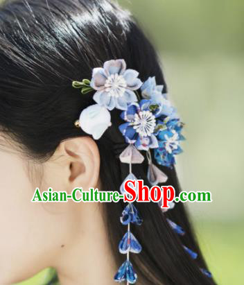 Japanese Geisha Courtesan Kimono Blue Sakura Tassel Hair Claw Hairpins Traditional Yamato Hair Accessories for Women
