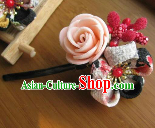 Japanese Geisha Courtesan Pink Rose Sakura Hairpin Traditional Yamato Kimono Hair Accessories for Women
