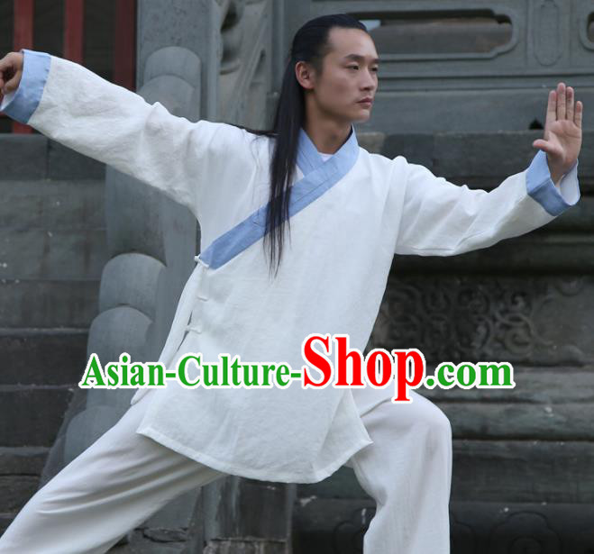 Chinese Traditional Martial Arts Blue Slant Opening Costumes Kung Fu Tai Chi Competition Clothing for Men