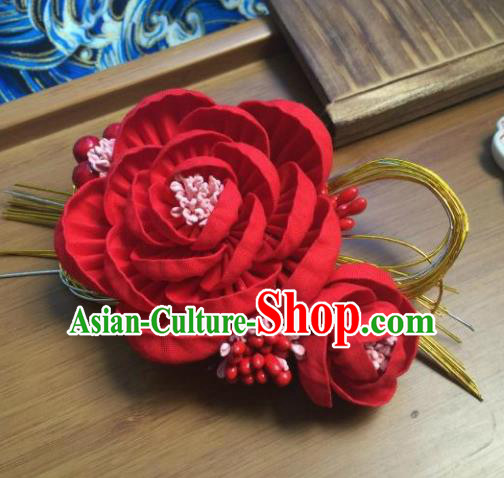 Japanese Geisha Courtesan Kimono Red Camellia Hairpins Traditional Yamato Hair Accessories for Women