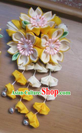 Japanese Geisha Courtesan Yellow Sakura Tassel Hairpins Traditional Yamato Kimono Hair Accessories for Women