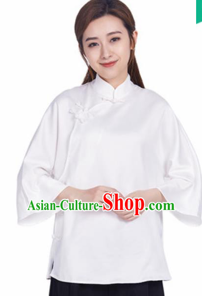Chinese Traditional Martial Arts White Slant Opening Blouse Tai Chi Competition Shirt Costume for Women