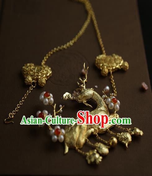 Chinese Ancient Court Golden Deer Longevity Lock Necklace Traditional Princess Hanfu Necklet Accessories for Women