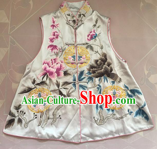 Chinese Traditional Tang Suit Embroidered Peony Vest National Costume White Waistcoat for Women