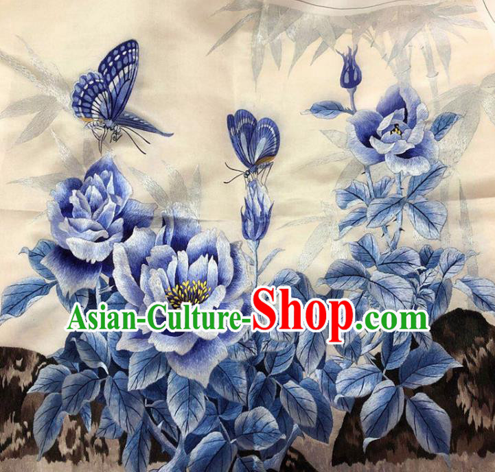 Chinese Handmade Embroidered Blue Peony Butterfly Silk Fabric Patch Traditional Embroidery Craft