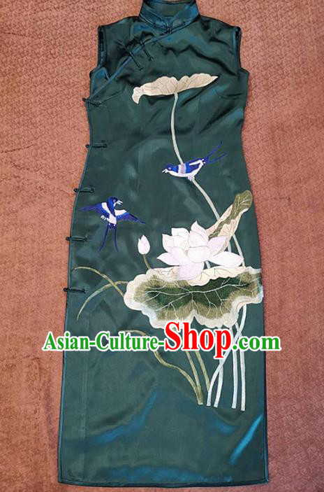 Chinese Traditional Tang Suit Embroidered Lotus Green Cheongsam National Costume Qipao Dress for Women