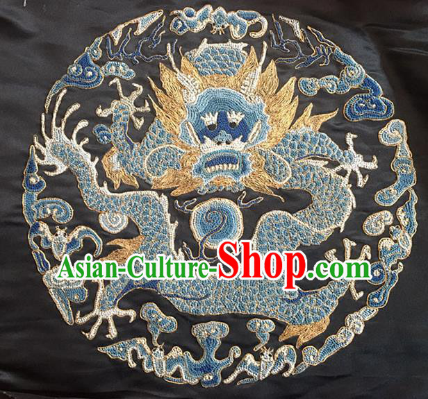 Chinese Handmade Embroidered Blue Dragon Silk Fabric Patch Traditional Embroidery Craft