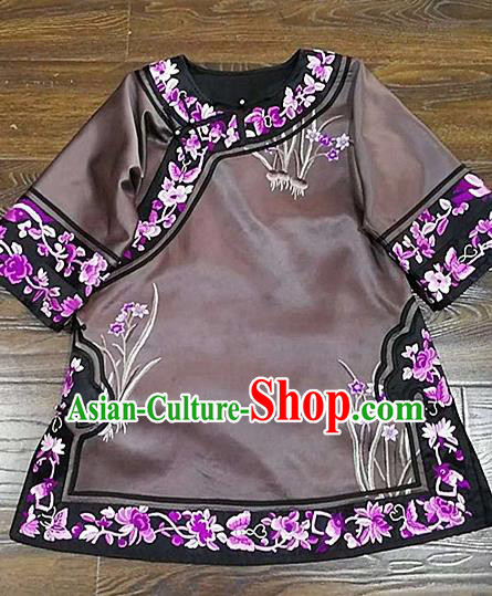 Chinese Traditional Tang Suit Embroidered Brown Blouse National Costume Qipao Shirt for Women